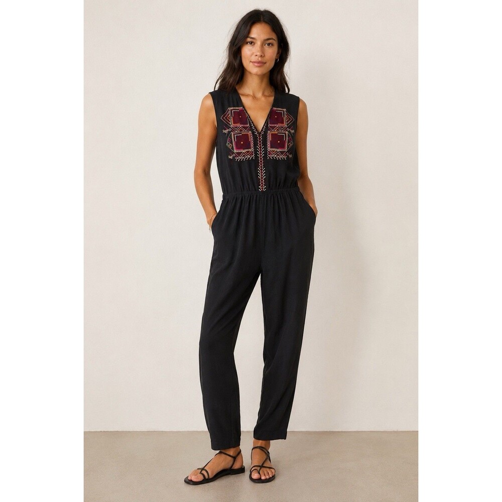 Madewell Embroidered Jumpsuit Sz 6 Black 100% Silk Sleeveless Boho Quiet Luxury - Picture 2 of 7